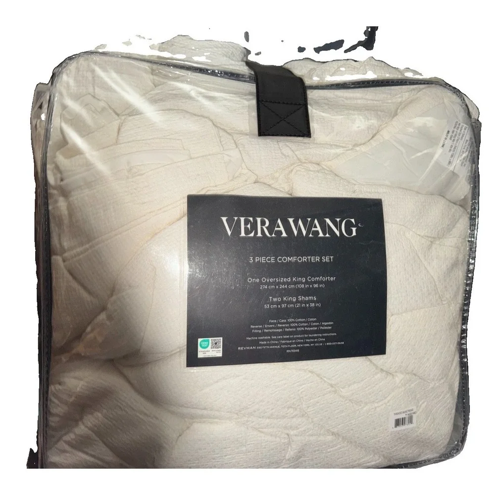 Vera Wang Oversized KING Comforter & Shams Basketweave 3-piece Set WHITE